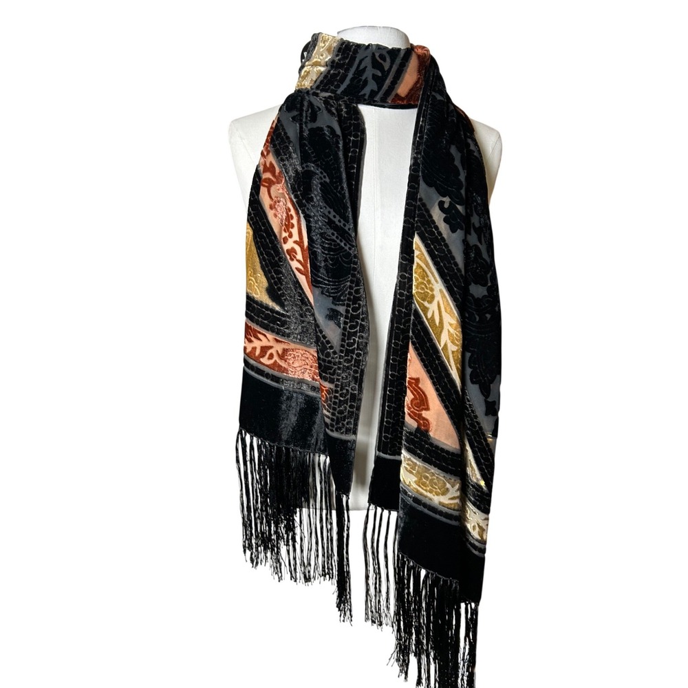 Vintage Silk Blend‎ Burnout Velvet Scarf Boho Whimsigoth Victorian Fringe Large